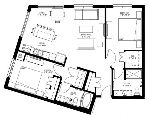 Floor plan for 2 beds, 2 baths, 1123 sqft